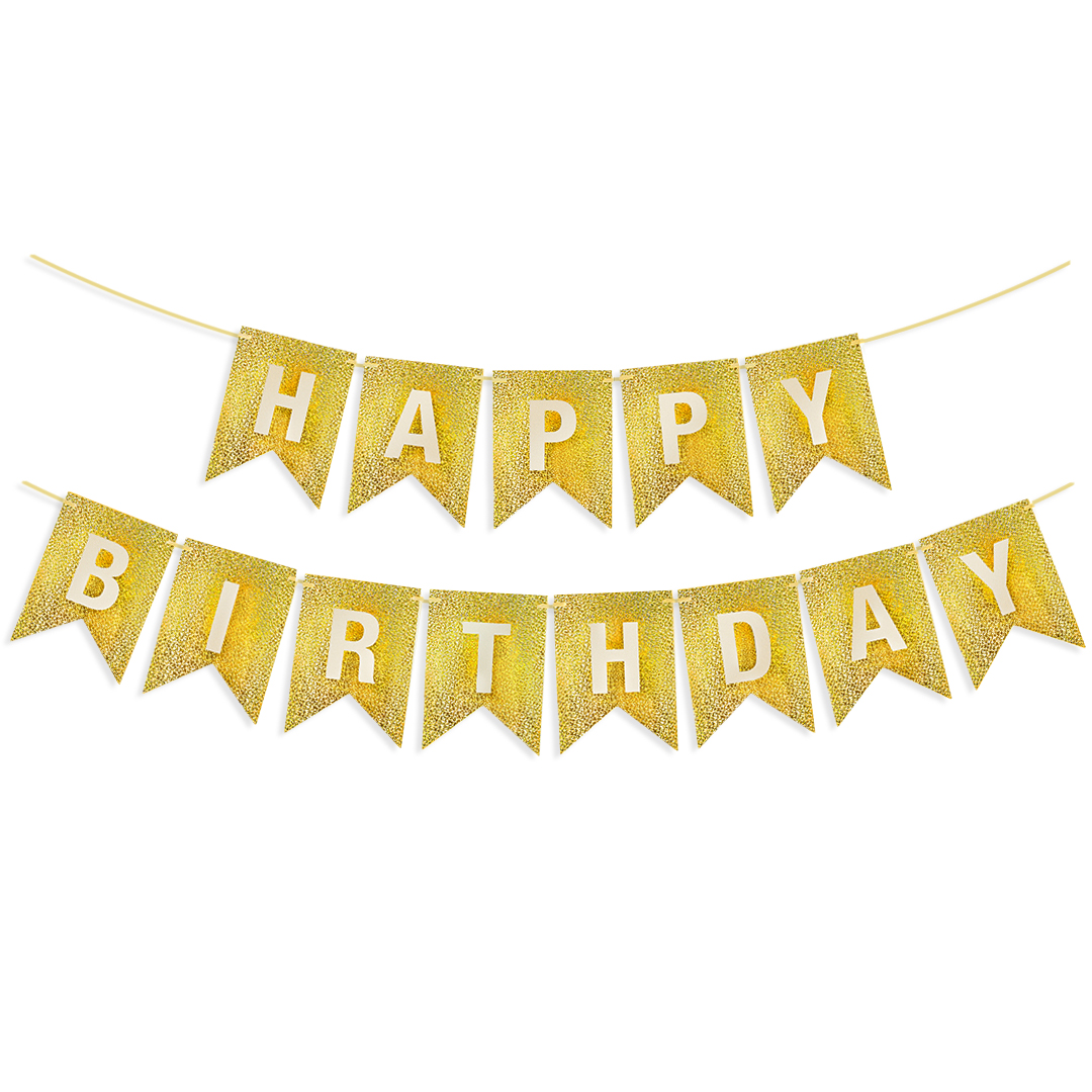 Гирлянда Флажки, Happy Birthday, Золото, Голография, 350 см, 17*12 см