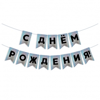 Гирлянда Флажки, С Днем Рождения!, Черный/Серебро, Голография, 500 см.