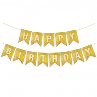 Гирлянда Флажки, Happy Birthday, Золото, Голография, 350 см, 17*12 см