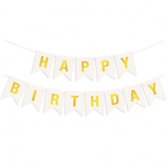 Гирлянда Флажки, Happy Birthday, Белый/Золото, Металлик, 500 см, 16*12 см